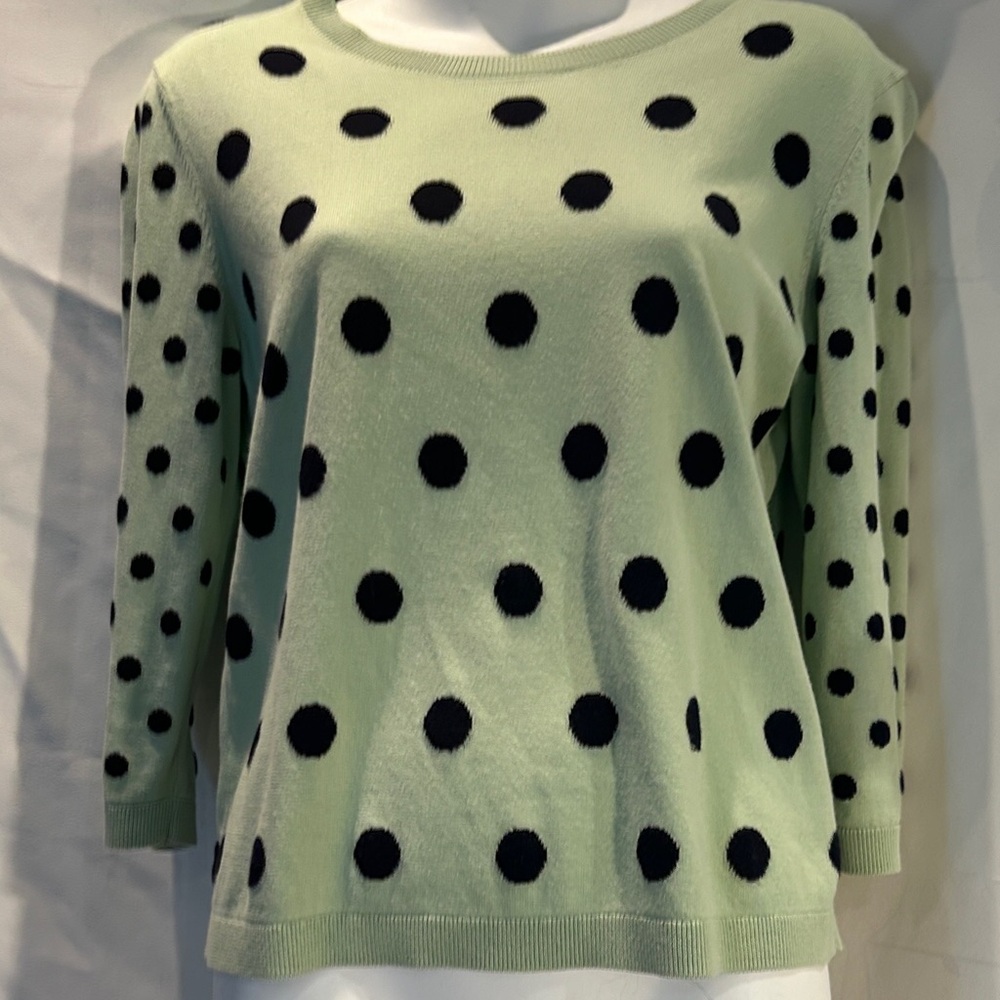 Mint Green Black Polka Dot Sweater 3/4 Sleeve Back Button Preppy Knit